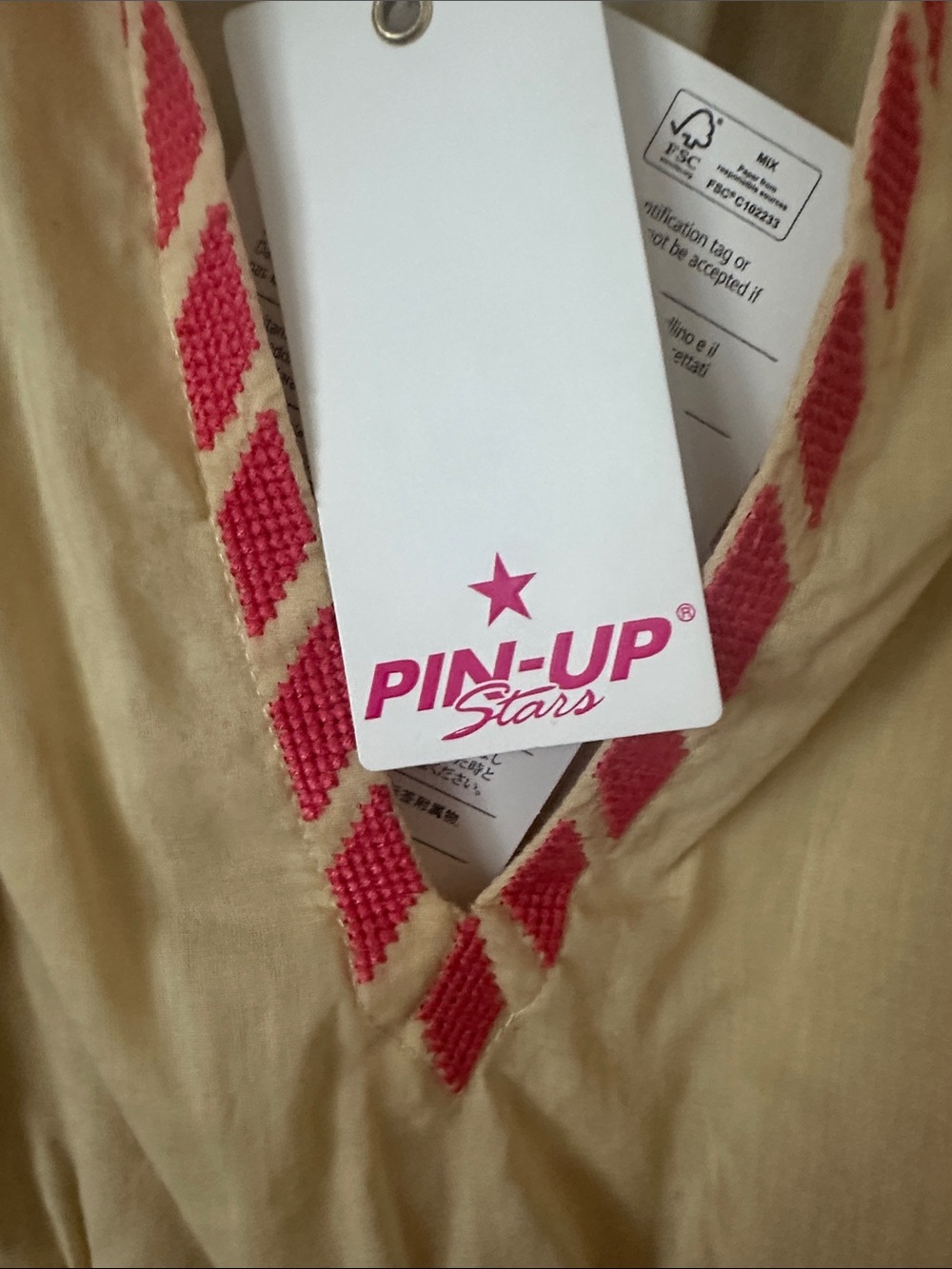 Pin-Up Stars Cream Peplum Blouse with Pink Embroidery and Tassel Ties - Picture 3 of 6